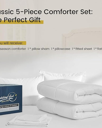Twin XL Bed in a Bag 5 Pieces Comforter Set Twin XL, Wood Grain Texture Bedding Comforter Set White Bed Set with Comforter, Pillowcase, Flat Sheet, Fitted Sheet and Pillow Sham - LeafyLoom
