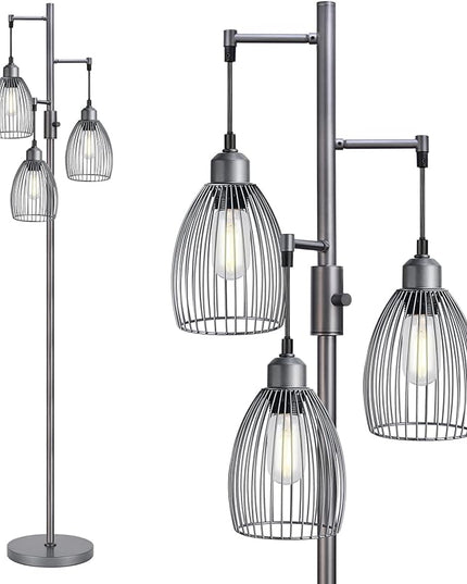 Dimmable Industrial Floor Lamps for Living Room, Gray Tree Standing Tall Lamps with 3 Elegant Teardrop Cage Head & 800 Lumens LED Bulbs for Bedroom Office - LeafyLoom
