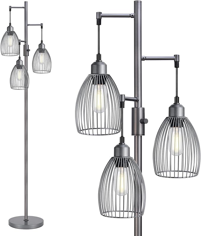 Dimmable Industrial Floor Lamps for Living Room, Gray Tree Standing Tall Lamps with 3 Elegant Teardrop Cage Head & 800 Lumens LED Bulbs for Bedroom Office - LeafyLoom