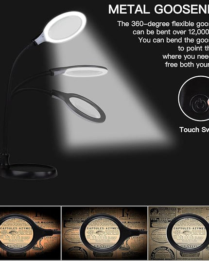 5X Magnifying Lamp, Lighted Magnifying Glass with Light and Stand Hands Free, Desk Magnifying Light, LED Magnifier Work Lamp for Reading, Crafts, Sewing, Hobbies. - LeafyLoom