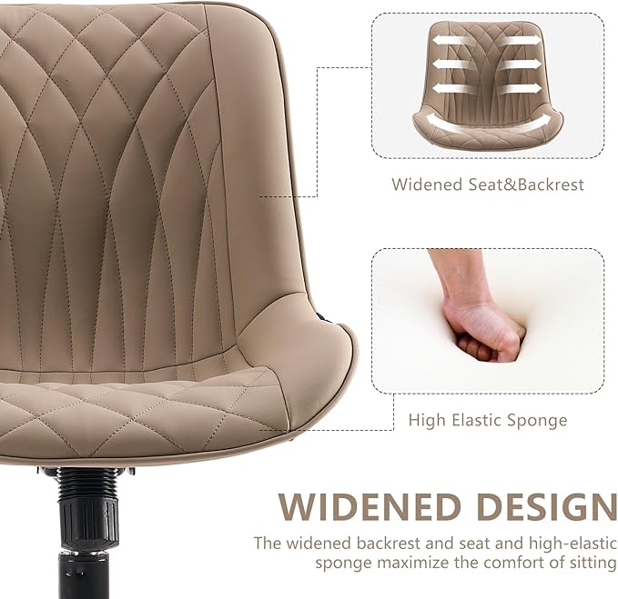 YOUNIKE Armless Office Chair Leather Desk Chair with Wheels Swivel Rolling Task Chair with Back Upholstered Computer Chair Height Adjustable Modern Ergonomic Wide Seat Khaki - LeafyLoom