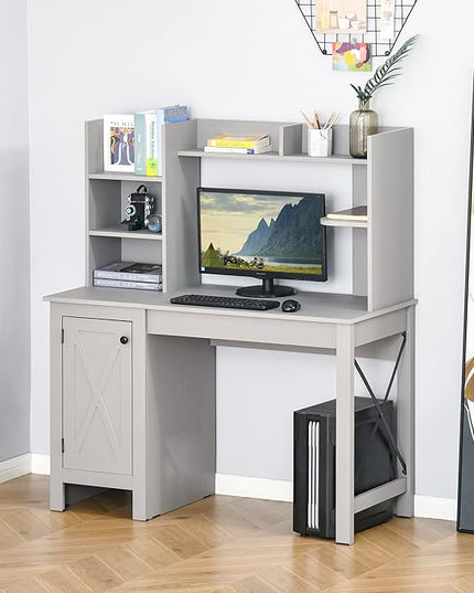 HOMCOM Farmhouse Computer Desk with Hutch and Cabinet, Home office Desk with Storage, for Study, Light Grey - LeafyLoom