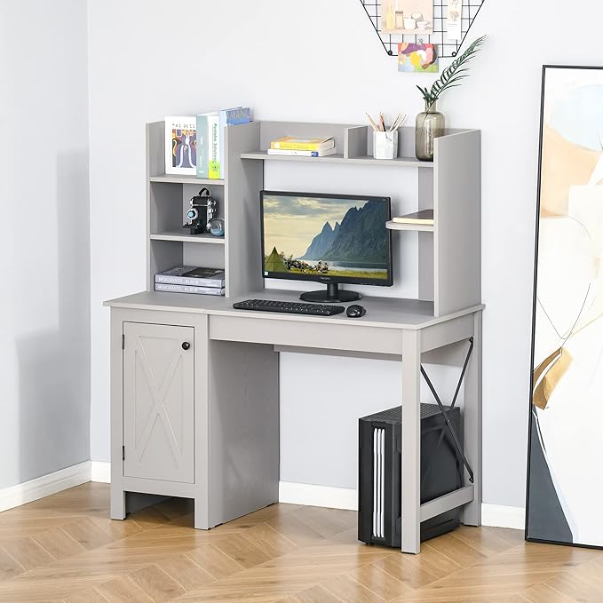 HOMCOM Farmhouse Computer Desk with Hutch and Cabinet, Home office Desk with Storage, for Study, Light Grey - LeafyLoom