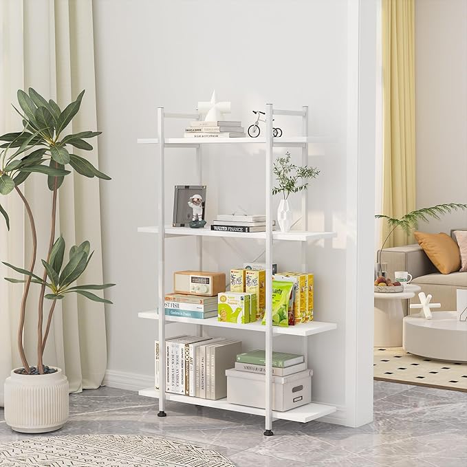 Bookshelf 4 Tiers White Wooden Storage Shelf,Modern Open Display Storage Bookcase Book Organizer,Metal Bookshelf Standing Storage Shelf Tall Shelving Units for Home Office Study - LeafyLoom