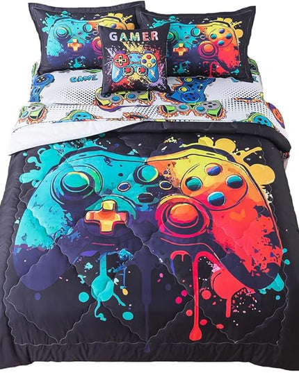ADASMILE A & S Gamer Comforter Sets for Boys Teens 6 Pieces Gaming Bedding Set Full Size Colorful Video Game Gaming Comforter for Kids Gamer Bed in A Bag Comforter with Gamer Sheets Home Decor - LeafyLoom