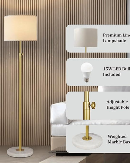 Gold Floor Lamp for Living Room with Remote Control, Marble Base 1200 Lumens 15W Adjustable Height Modern Floor Lamp Standing Lamp for Bedroom, Smart Control Alexa & Google Assistance Compatible - LeafyLoom