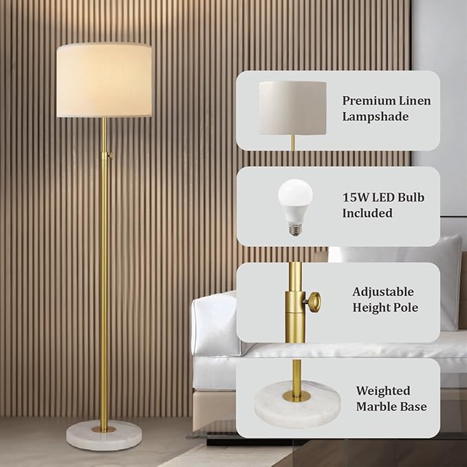 Gold Floor Lamp for Living Room with Remote Control, Marble Base 1200 Lumens 15W Adjustable Height Modern Floor Lamp Standing Lamp for Bedroom, Smart Control Alexa & Google Assistance Compatible - LeafyLoom