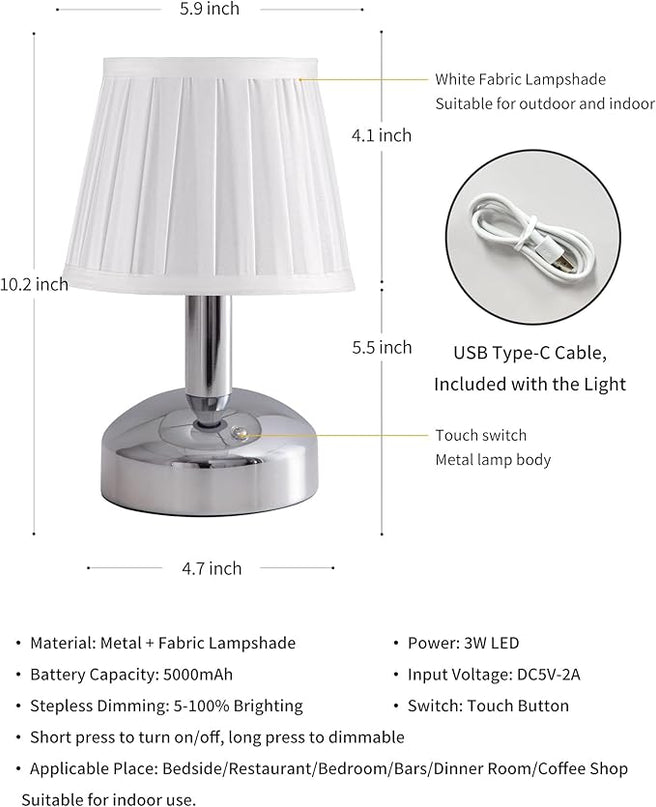 KDG Modern Cordless Small Table Lamp, Portable LED Fabric Shade Desk Lamps, 5000mAh Rechargeable Battery Operated Lighting for Bedroom, Bedside, Bar, Living Room, Dining Room, Night Light(Silver) - LeafyLoom