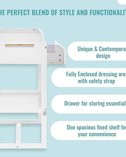 Arlo Changing Table in White, Made of Solid New Zealand Pinewood, Non-Toxic Finish, Comes with Water Resistant Mattress Pad & Safety Strap - LeafyLoom
