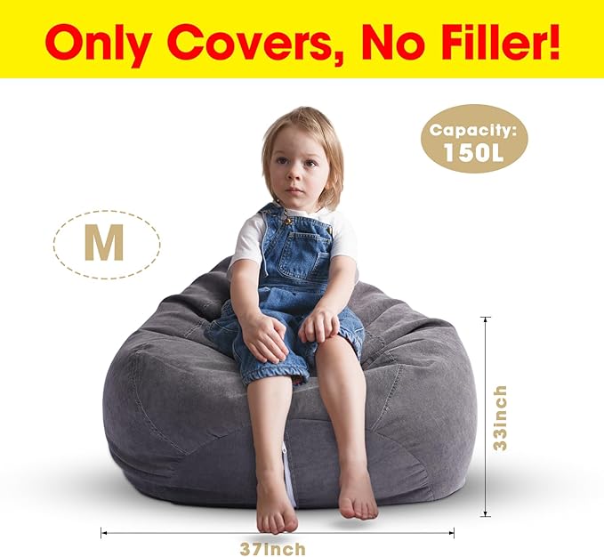 2 Pcs Bean Bag Cover Stuffed Animal Storage Bean Bag Chair Cover Soft Corduroy Stuffed Animal Bean Bag Storage for Kids Adults Indoor Bedroom Organizing Plush Toys(Dark Grey, 150L) - LeafyLoom