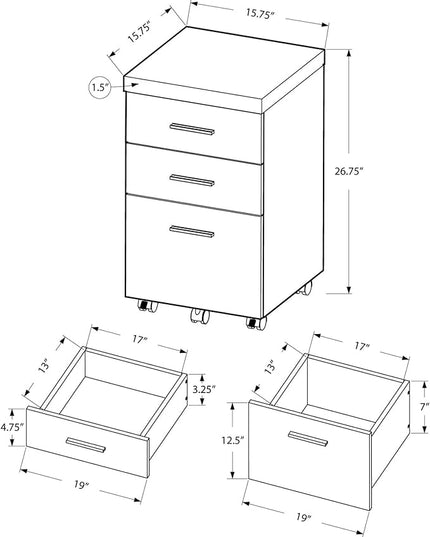 Monarch Specialties White Hollow-Core 3 Drawer File Cabinet on Castors - LeafyLoom
