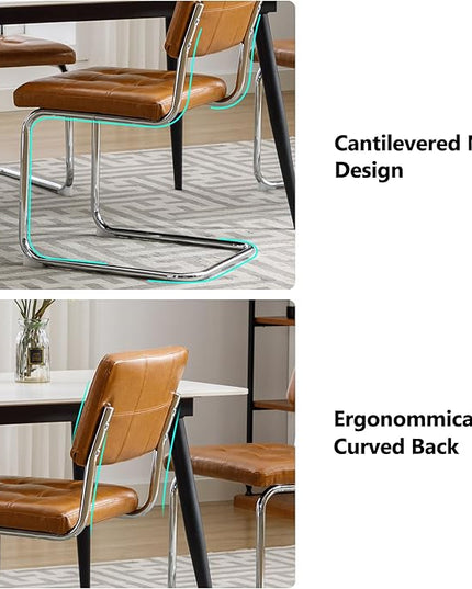 Forevich Mid Century Modern Dining Chairs Set of 2, Leather Kitchen Dining Room Side Chairs Upholstered Armless Accent Chairs with Metal Chrome Legs for Living Room, Bedroom Brown - LeafyLoom