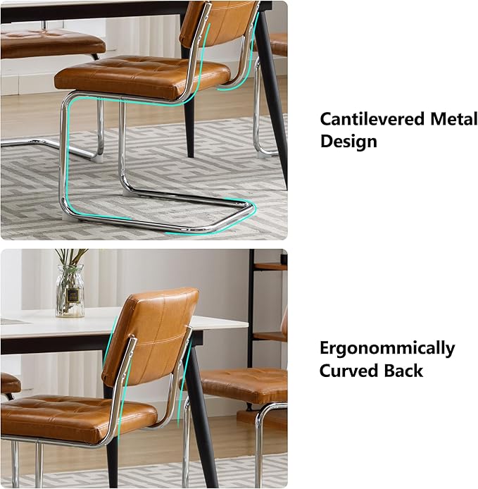 Forevich Mid Century Modern Dining Chairs Set of 2, Leather Kitchen Dining Room Side Chairs Upholstered Armless Accent Chairs with Metal Chrome Legs for Living Room, Bedroom Brown - LeafyLoom