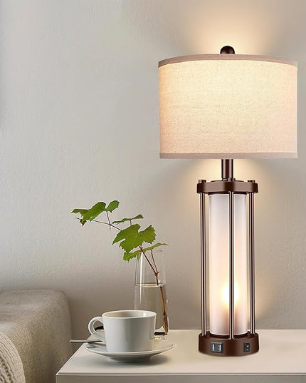 Set of 2 Farmhouse Lamps for Living Room, Rustic Vintage Bedroom Nightstand Table Lamp with 2 USB Charging Ports, Built-in Frosted Glass Night Light for End Table Entryway, Bulbs Included (Bronze) - LeafyLoom