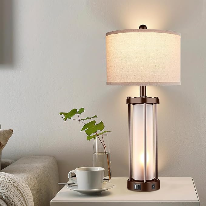 Set of 2 Farmhouse Lamps for Living Room, Rustic Vintage Bedroom Nightstand Table Lamp with 2 USB Charging Ports, Built-in Frosted Glass Night Light for End Table Entryway, Bulbs Included (Bronze) - LeafyLoom