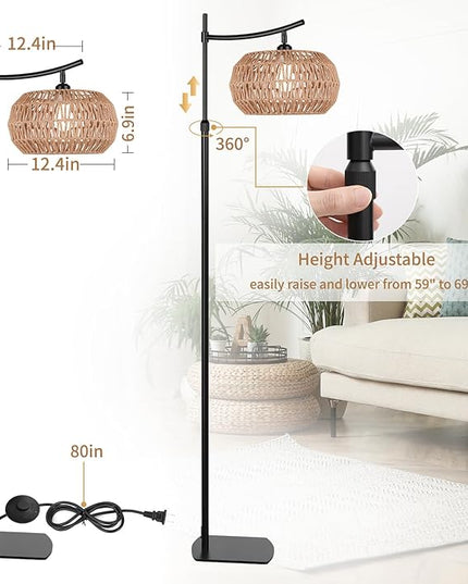 Arc Boho Farmhouse Black Floor Lamp, Standing Lamp with Rattan & Fabric Double Shade with Remote Control, Dimmable LED Bulb with 4 Color Temperature, Tall Pole for Living Room Bedroom Corner Office - LeafyLoom