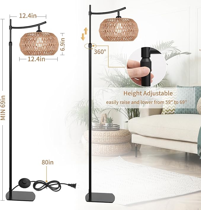 Arc Boho Farmhouse Black Floor Lamp, Standing Lamp with Rattan & Fabric Double Shade with Remote Control, Dimmable LED Bulb with 4 Color Temperature, Tall Pole for Living Room Bedroom Corner Office - LeafyLoom