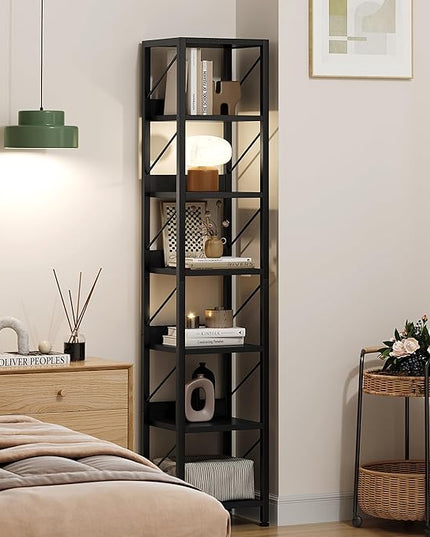 IDEALHOUSE Narrow Bookshelf Tall Skinny Bookcase 6 Tier Storage Rack Rustic Corner Shelf Metal Frame Small Freestanding Bookshelves Industrial Display Stand for Bedroom, Living Room, Home Office - LeafyLoom