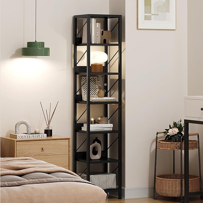 IDEALHOUSE Narrow Bookshelf Tall Skinny Bookcase 6 Tier Storage Rack Rustic Corner Shelf Metal Frame Small Freestanding Bookshelves Industrial Display Stand for Bedroom, Living Room, Home Office - LeafyLoom