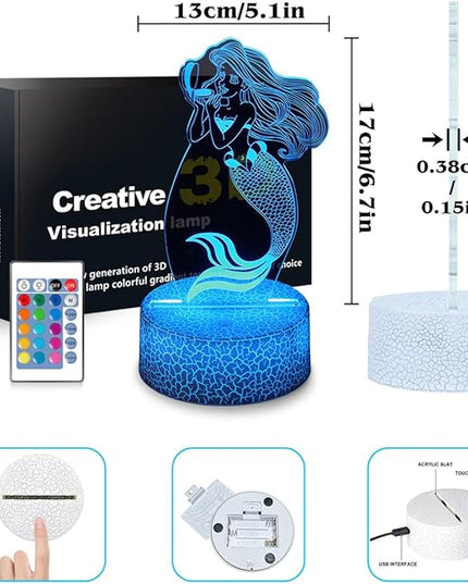 Mermaid Night Light,Gifts for Girls,3D Illusion Lamp,Kids Bedside Lamp,16 Color Change Decor Lamp with Remote & Smart Touch, Gifts for Christmas Birthday Boys Men Girls - LeafyLoom