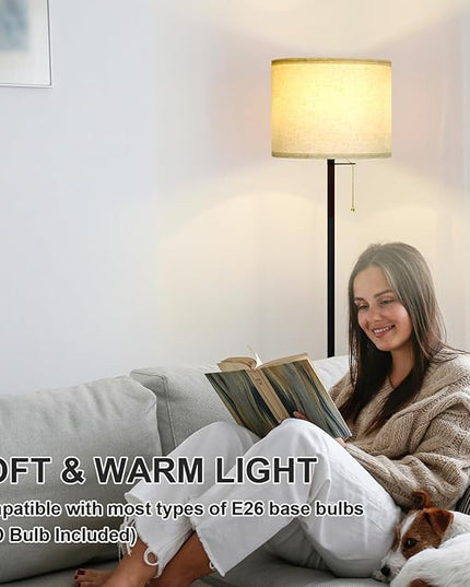 Modern Floor Lamp for Living Room Traditional Farmhouse Floor Lamps Mid-Century Pole Lamp with Linen Lamp Shade, Standing Tall Floor Lamps for Bedrooms and Office (Black-01) - LeafyLoom