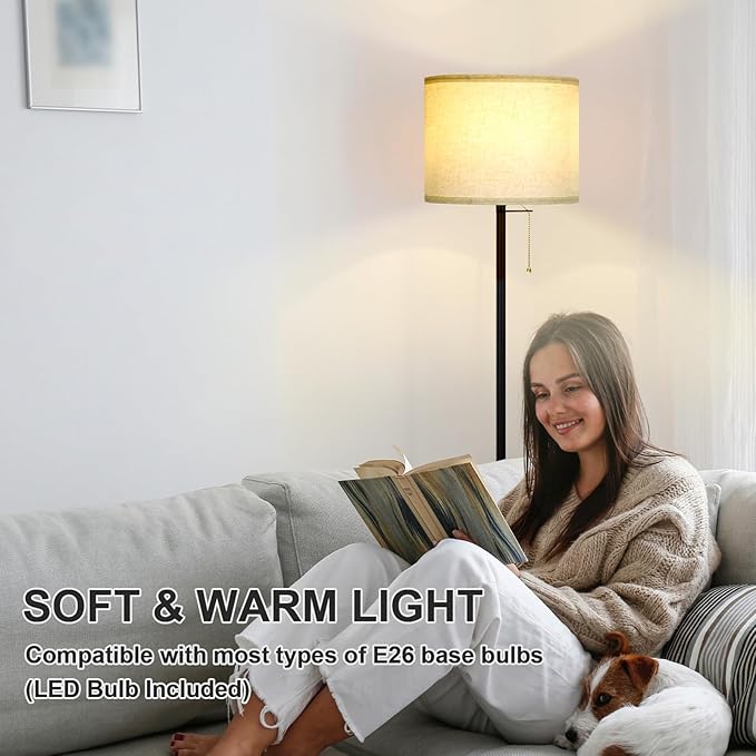 Modern Floor Lamp for Living Room Traditional Farmhouse Floor Lamps Mid-Century Pole Lamp with Linen Lamp Shade, Standing Tall Floor Lamps for Bedrooms and Office (Black-01) - LeafyLoom