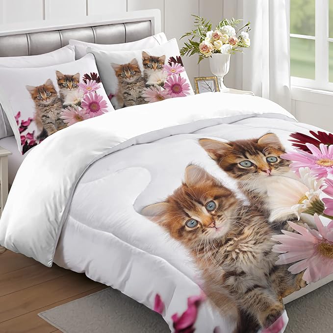 Cat Comforter Set Queen Size for Kids Pink Flowers Cats 3Pcs Bedding Set for boys and Girls (1Summer Comforter+ 2 Pillowcases) Lovely Animal Pets Duvet Set - LeafyLoom