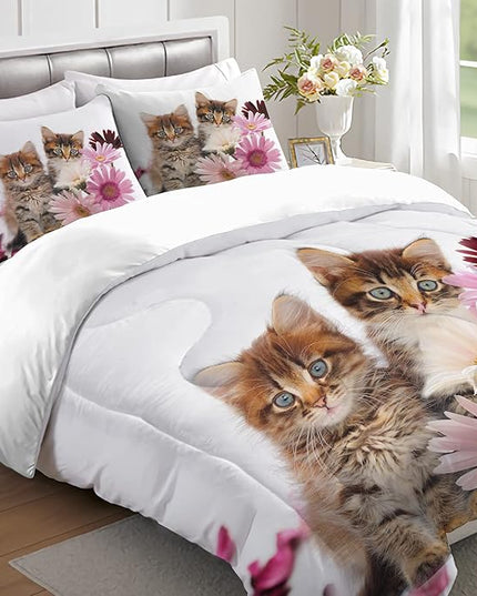 Cat Comforter Set Twin Size for Kids Pink Flowers Cats 3Pcs Bedding Set for boys and Girls (1Summer Comforter+ 2 Pillowcases) Lovely Animal Pets Duvet Set - LeafyLoom