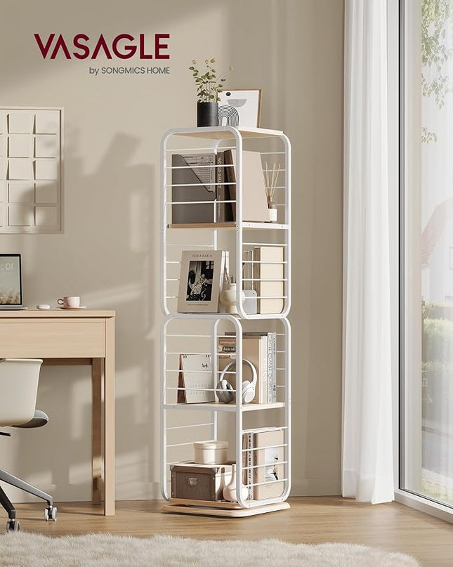 VASAGLE 4-Tier Rotating Bookshelf, Bookcase with Bookends for Small Spaces, Corner Shelf, Steel Frame, Natural Beige and Cloud White ULLS127W67 - LeafyLoom