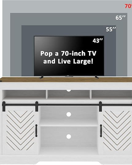 Farmhouse Stand for TVs up to 65+ Inch Tall Entertainment Center with Sliding Barn Door, Console Storage Cabinet for Bedroom, Living Room, Wood Grain White - LeafyLoom