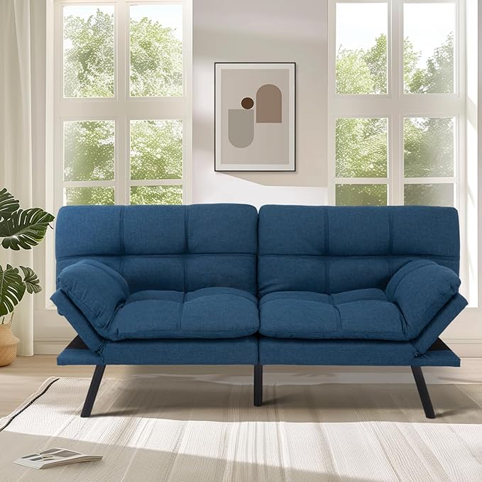 MUUEGM Futon Sofa Bed,Convertible Memory Foam Futons Couch Bed,Folding Sofa Bed Sleeper Couch Loveseat for Living Room,office,Apartment,Small Space,Adjustable Backrest Armrests,Blue - LeafyLoom