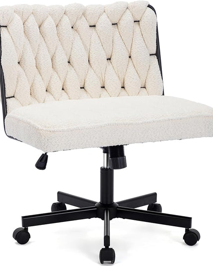 Criss Cross Legged Office Desk Chair with Wheels, Modern Armless Desk Chair with Wide Seat, Home Office Chair for Work, Meditation, Vanity, Beige - LeafyLoom