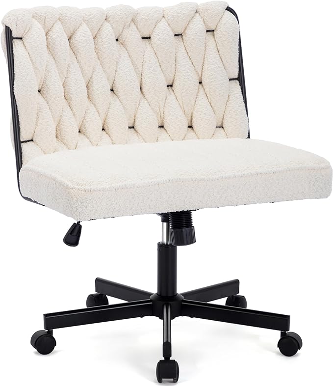 Criss Cross Legged Office Desk Chair with Wheels, Modern Armless Desk Chair with Wide Seat, Home Office Chair for Work, Meditation, Vanity, Beige - LeafyLoom