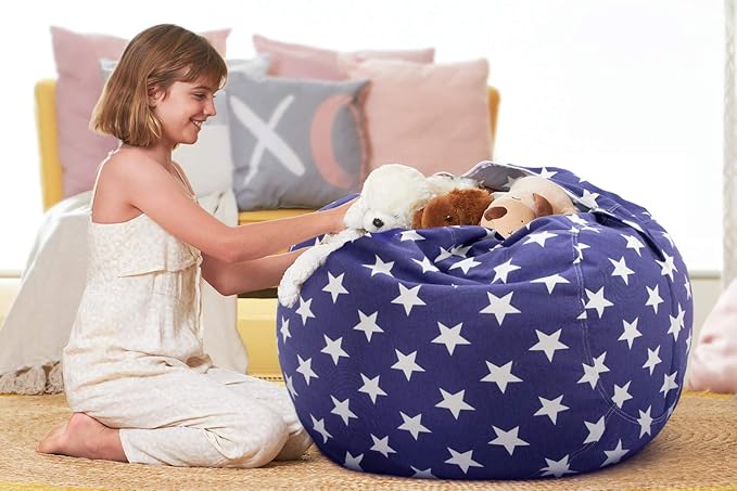 Aubliss Stuffed Animal Storage Bean Bag Chair Cover (No Beans)，Stuff and Sit Storage Bean Bag for Kids Toy Storage, Large 38"-Canvas Stars Royal Blue - LeafyLoom