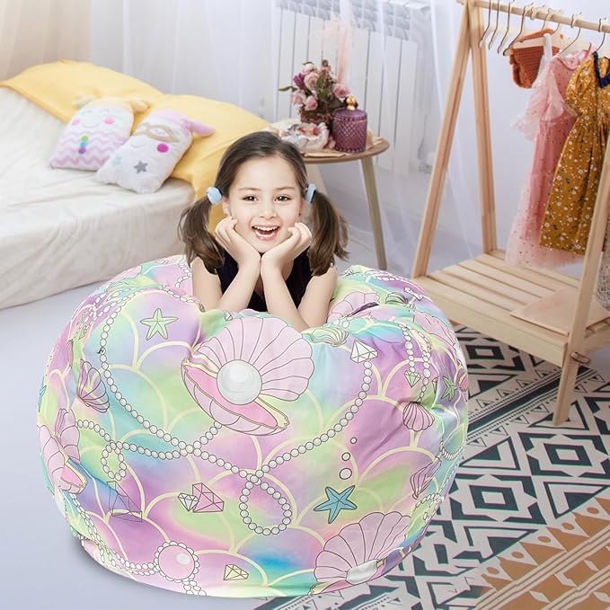 Stuffed Animal Storage Bean Bag Chair Cover, Hold Kids Plush Toys Blankets Towels Beanbag (Cover Only), Canvas Floor Circle Stuff Sit Seat Sofa with YKK Zipper, Extra Large 38", Pink Shell - LeafyLoom