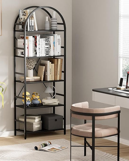 5-Tier Bookshelf, 24 Inch Width Industrial Arched Bookcase, Vintage Storage Rack with Open Shelves, Free Standing Shelf for Home Office, Living Room,Bedroom, Black - LeafyLoom