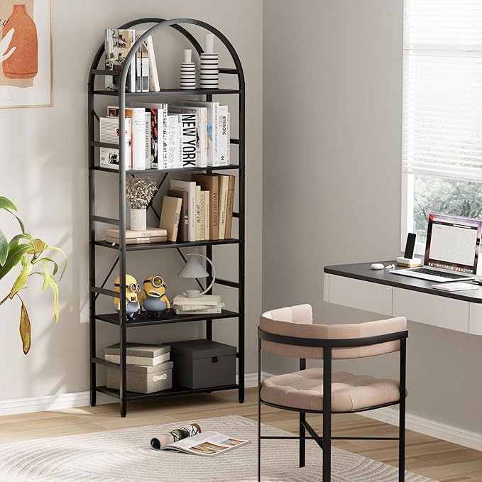 5-Tier Bookshelf, 24 Inch Width Industrial Arched Bookcase, Vintage Storage Rack with Open Shelves, Free Standing Shelf for Home Office, Living Room,Bedroom, Black - LeafyLoom