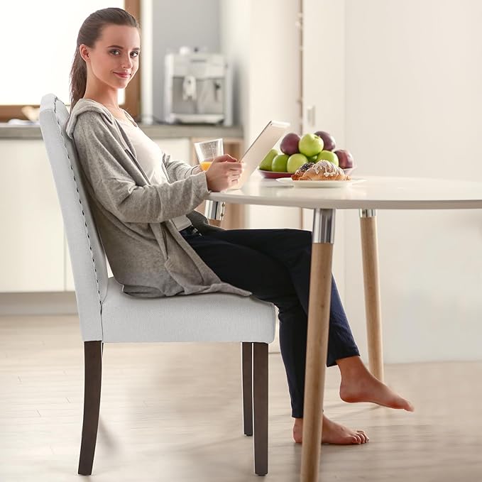 MCQ Upholstered Dining Chairs Set of 6, Modern Upholstered Fabric Dining Room Chair with Nailhead Trim and Wood Legs, Mid-Century Accent Dinner Chair for Living Room, Kitchen, Grey - LeafyLoom