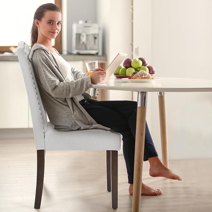 MCQ Upholstered Dining Chairs Set of 2, Modern Upholstered Fabric Dining Room Chair with Nailhead Trim and Wood Legs, Mid-Century Accent Dinner Chair for Living Room, Kitchen, Grey - LeafyLoom