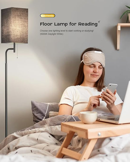 Modern Floor Lamp for Living Room, Black, 3 Color Temperatures, Linen Shade, Minimalist Design, Tall Lamp for Reading, Office, Bedroom - LeafyLoom