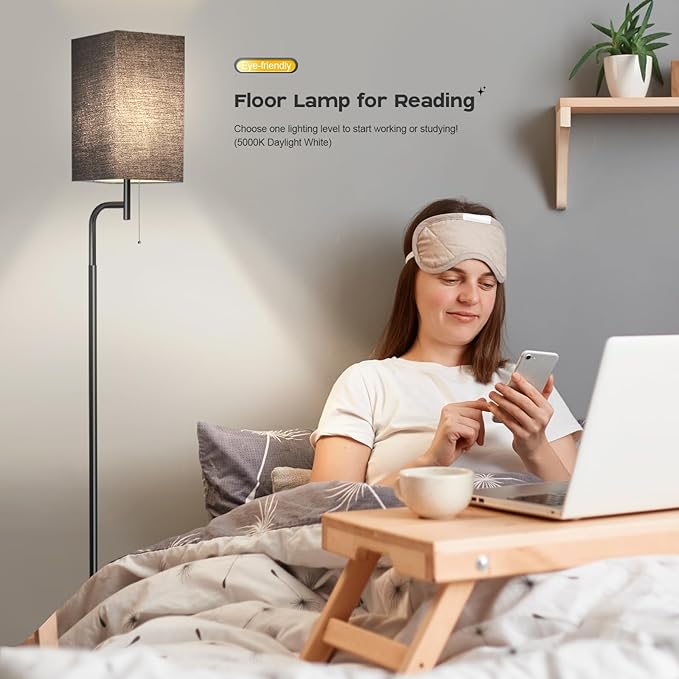 Modern Floor Lamp for Living Room, Black, 3 Color Temperatures, Linen Shade, Minimalist Design, Tall Lamp for Reading, Office, Bedroom - LeafyLoom