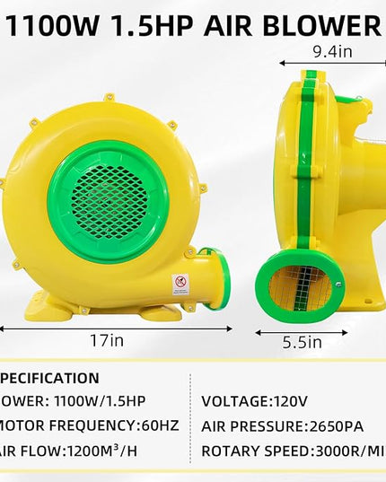 1100Watt/1.5HP High Power Air Blower for Large Inflatables, GONFLABLE Inflatable Bounce House Blower, Portable Fan Pump Blower Corded Commercial for Bouncy Castle, Jumper, Water Slide - LeafyLoom