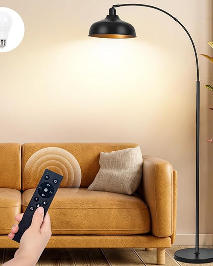 Arch Floor Lamps with Remote - Dimmable Floor Lamp 70”, Black Tall Lamp with 360° Adjustable Hanging Metal Shade, Arc Lamps Floor Standing with 9W Bulb, Over Couch Lamp for Living Room, Bedroom - LeafyLoom