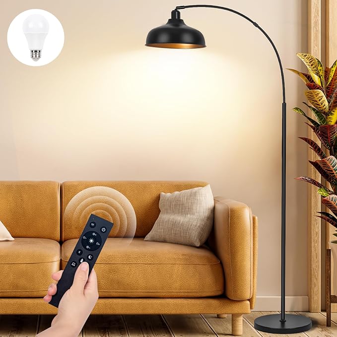 Arch Floor Lamps with Remote - Dimmable Floor Lamp 70”, Black Tall Lamp with 360° Adjustable Hanging Metal Shade, Arc Lamps Floor Standing with 9W Bulb, Over Couch Lamp for Living Room, Bedroom - LeafyLoom