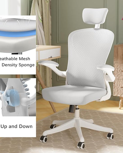 Ergonomic Office Chair Home Desk Office Chair with Flip-Armrest & Cushion for Lumbar Support, high Back Computer Chair with Thickened Cushion Desk Chairs Ngray - LeafyLoom