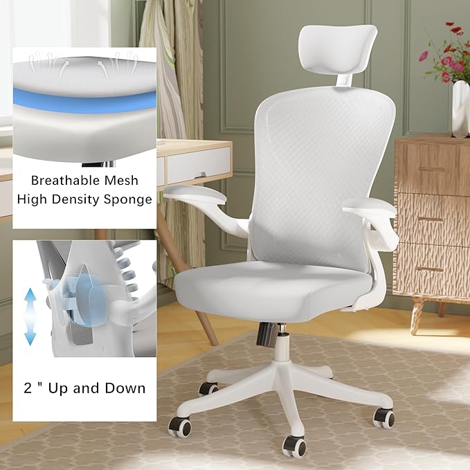 Ergonomic Office Chair Home Desk Office Chair with Flip-Armrest & Cushion for Lumbar Support, high Back Computer Chair with Thickened Cushion Desk Chairs Ngray - LeafyLoom