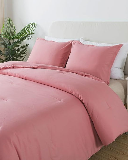 Pink Comforter Set Twin Size, Solid Blush Women Girls Pink Down Alternative Boho Bedding Comforter Set, Breathable Fluffy Microfiber Comforter (68"x90") for All Seasons with Pillowcase - LeafyLoom