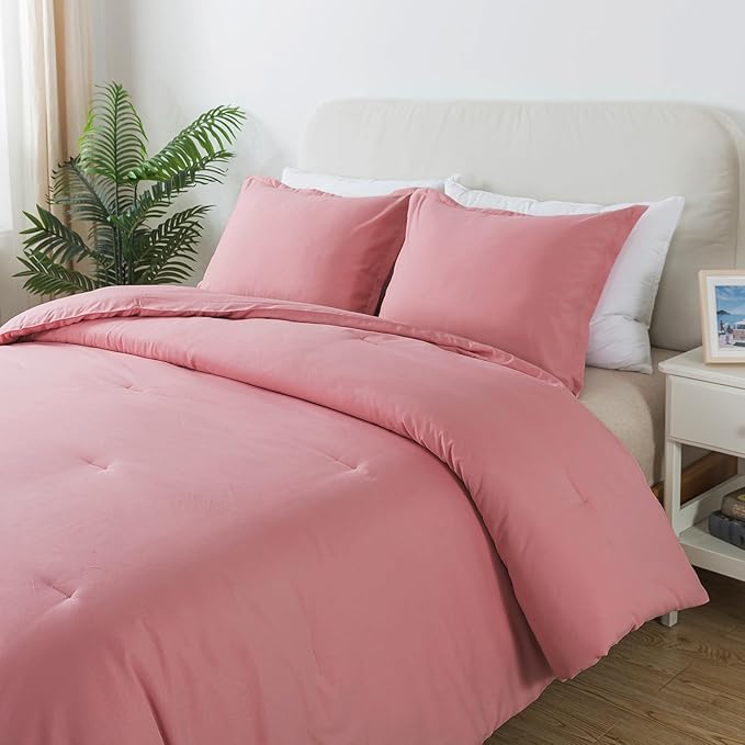 Pink Comforter Set Full Size, Solid Blush Girls Pink Down Alternative Boho Bedding Comforter Set, Breathable Fluffy Microfiber 3 PCS Comforter Set for All Seasons - LeafyLoom