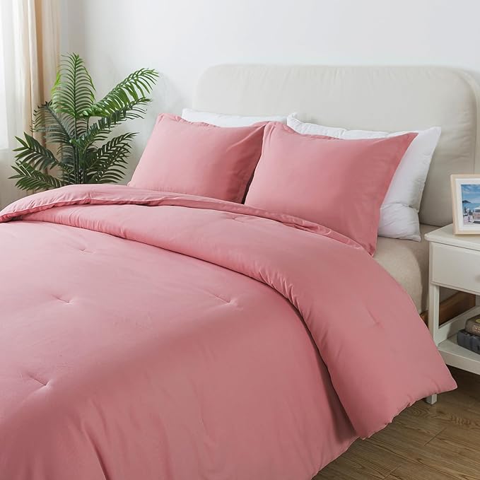 Queen Pink Comforter Set, Blush Women Girls Pink Skin-Friendly Boho Bedding Set & Collections, Breathable Fluffy Microfiber 3 PCS (90"x90") Comforter Set for All Seasons with Pillowcases - LeafyLoom