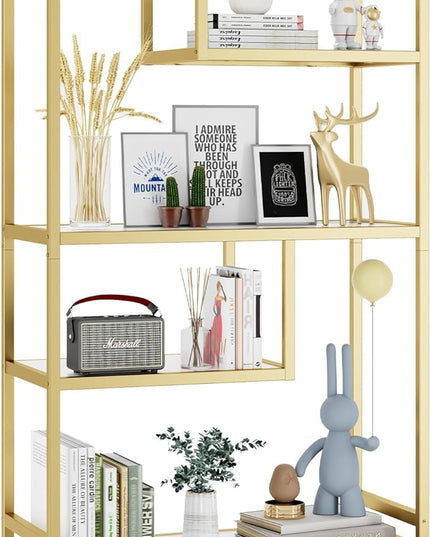 HOME BI Geometric Bookshelf, Tall Modern Etagere Bookcase, Industrial Metal Book Shelf with 5 Open Display Shelves for Office Living Room, Gold and White - LeafyLoom